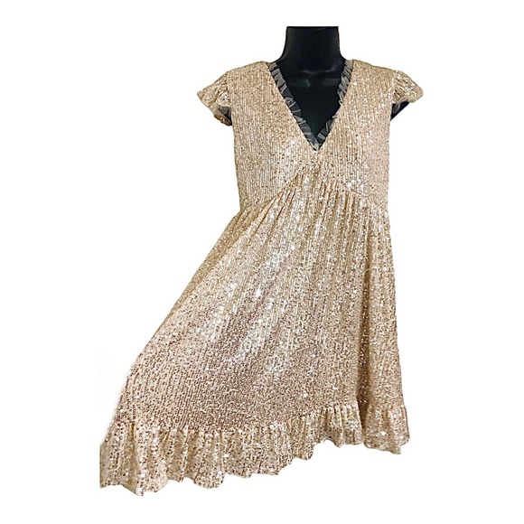 Gold shimmery sequin lace trim v-neck babydoll swing tent dress size medium new - Picture 4 of 16